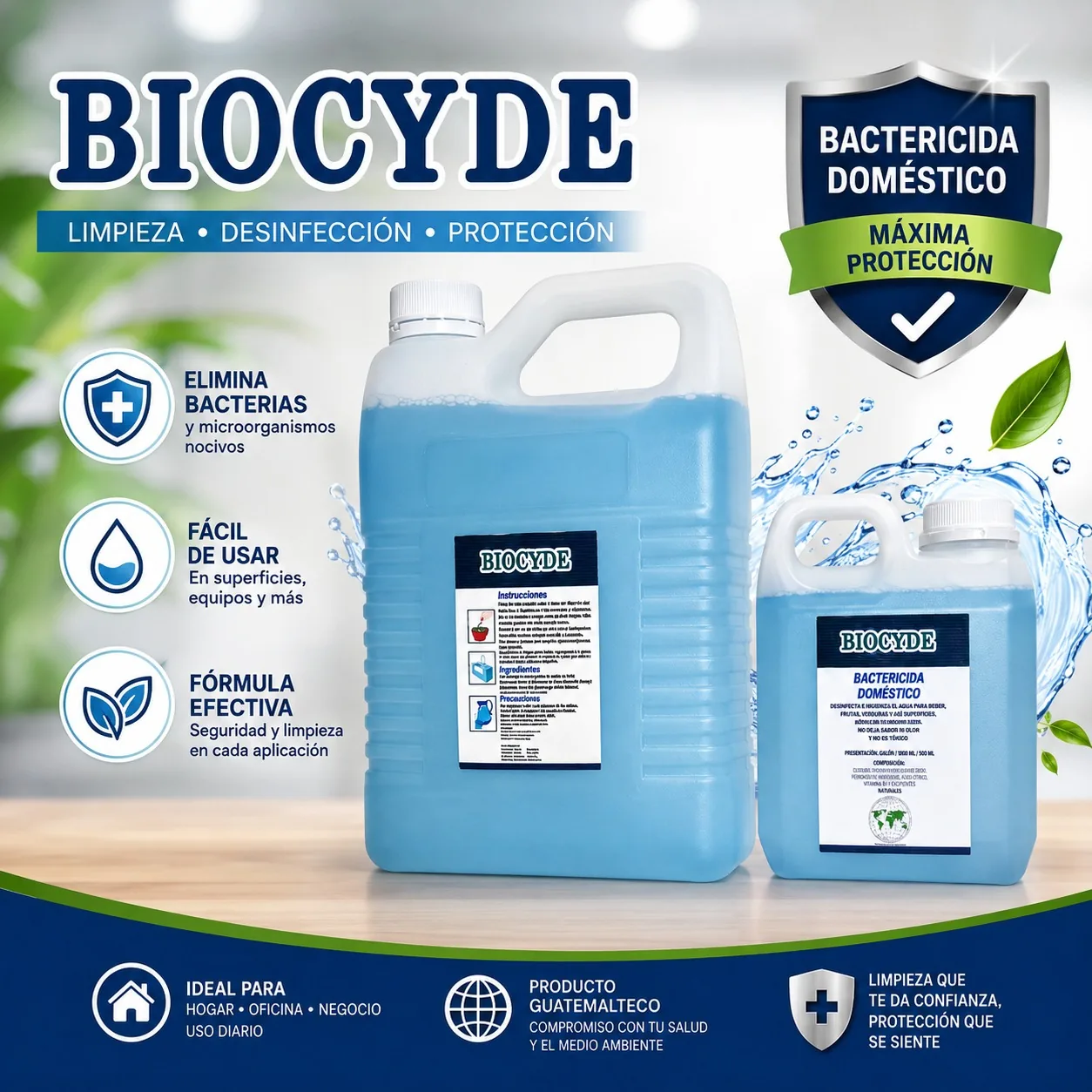 Envases de BIOCYDE bactericida doméstico en presentación de galón y litro